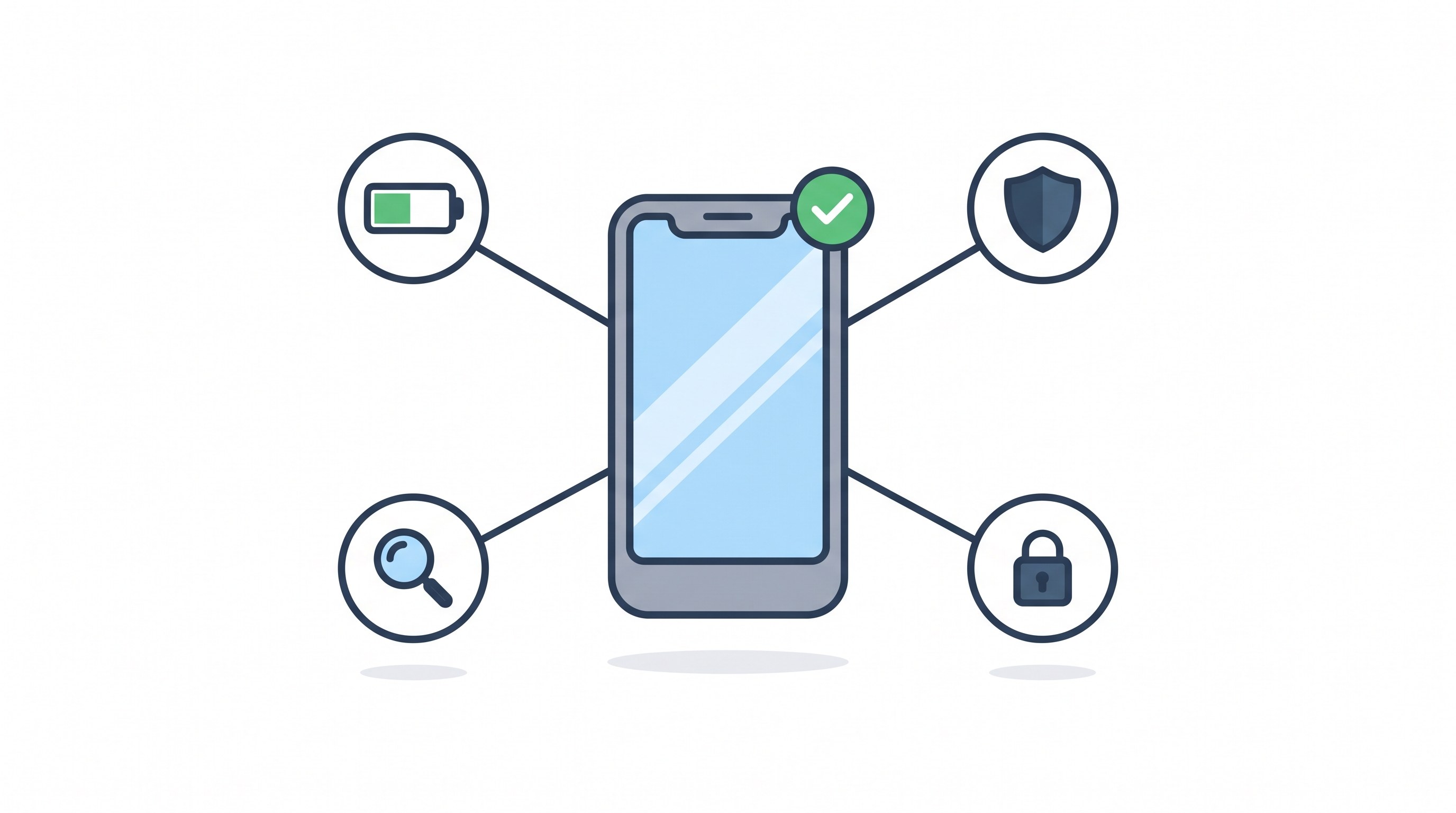 Refurbished iPhone 15 Pro Max pre-purchase checklist with battery, warranty, inspection, and lock icons