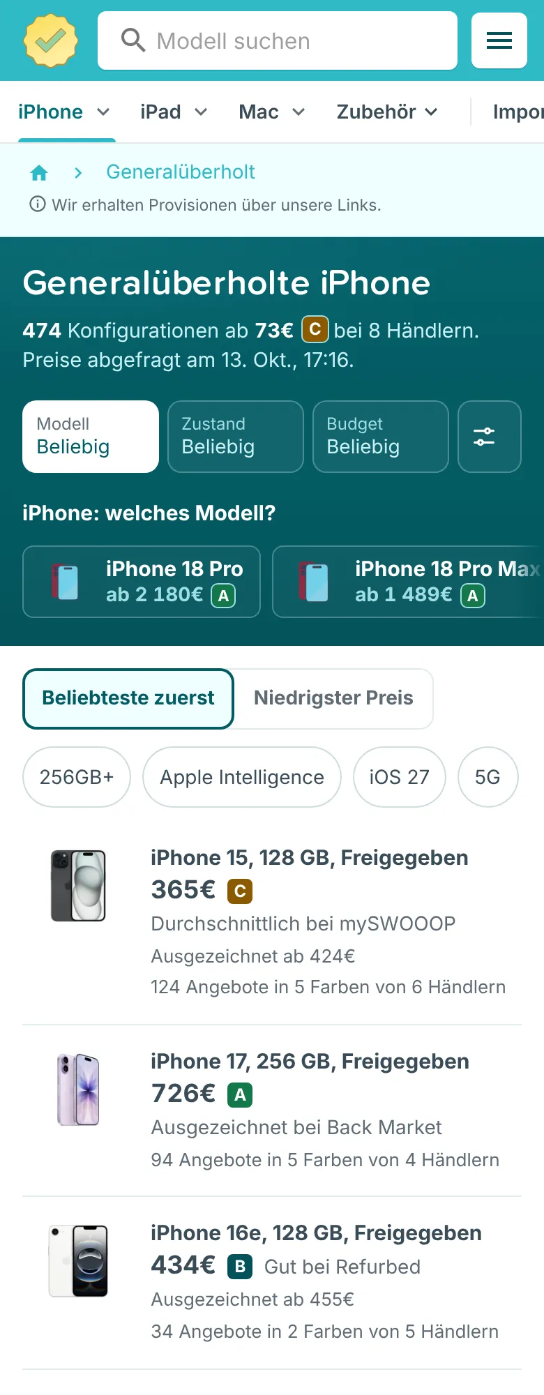 RefurbMe auf dem Smartphone: Übersicht generalüberholter iPhone mit Auswahl nach Modell, Zustand und Budget sowie den ersten Konfigurationen mit Händler und Zustand