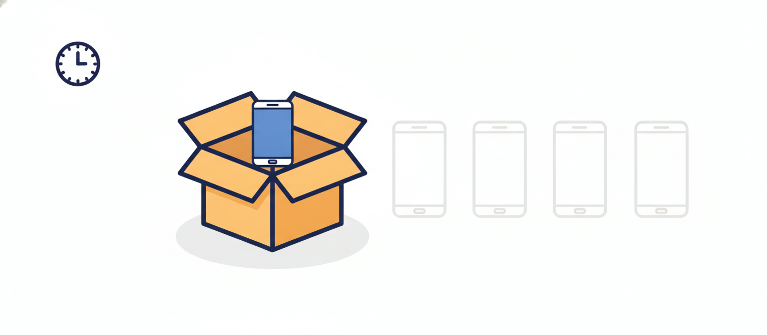 Fast leerer Versandkarton mit nur einem Smartphone und vier ausgegrauten Phone-Umrissen als Sinnbild für knappe Verfügbarkeit