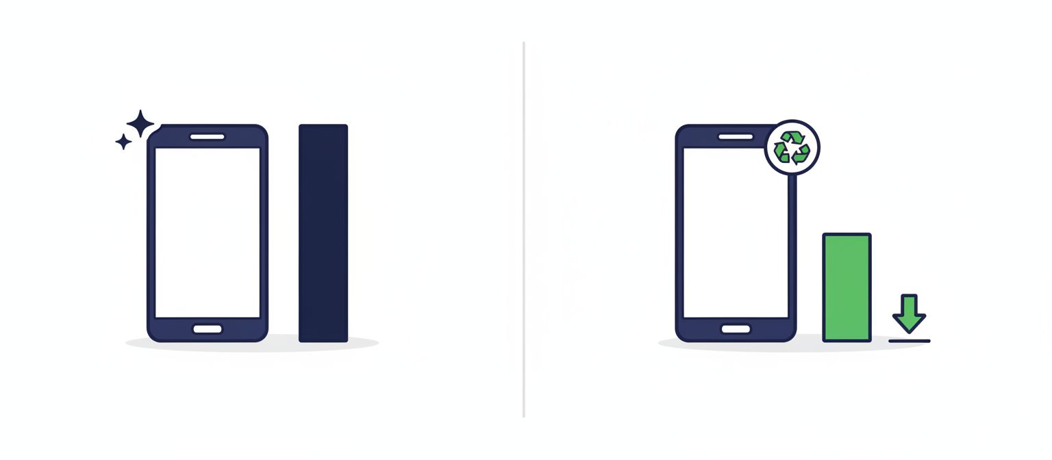 Vergleich neu gegen refurbished: hoher Neupreis links, niedrigerer refurbished Preis rechts mit Recycling-Badge