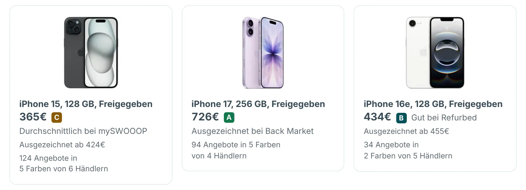 Erste Reihe generalüberholter iPhone auf RefurbMe mit Zustand, Händler und Zahl der Angebote je Konfiguration