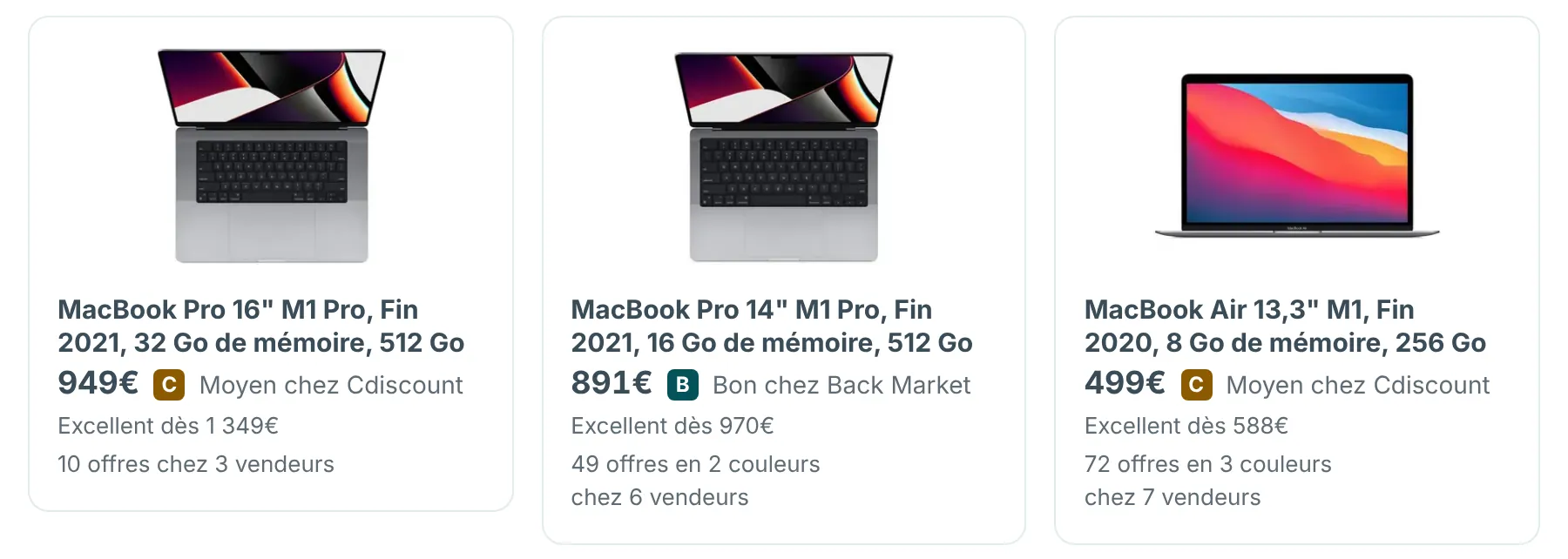 Première rangée de MacBook reconditionnés sur RefurbMe, avec l'état, le vendeur et le nombre d'offres de chaque configuration