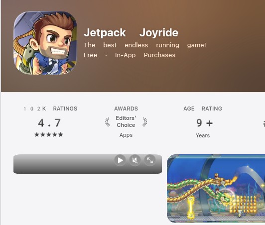 Fiche App Store de Jetpack Joyride sur iPhone montrant la note de 4,7 étoiles, le badge Choix des éditeurs et les aperçus du jeu