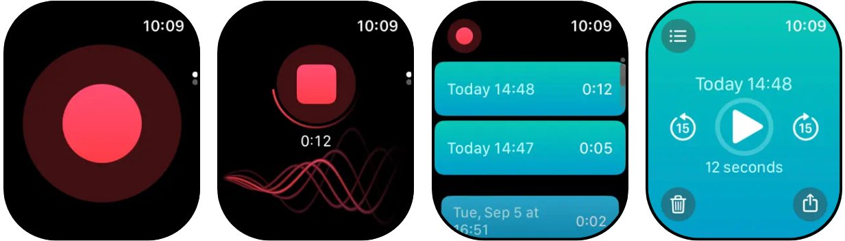 Captura de pantalla de la app Just Press Record en Apple Watch
