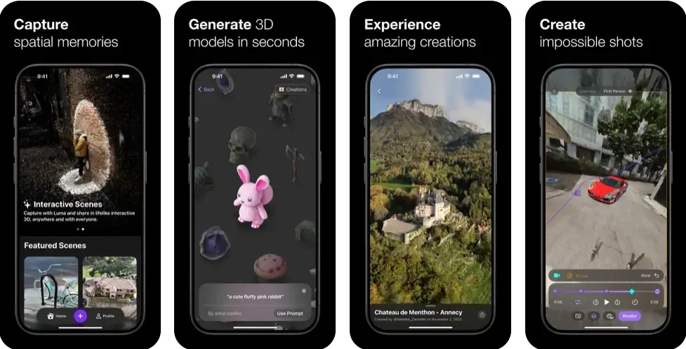 Capturas de pantalla de la app Luma AI para iPhone