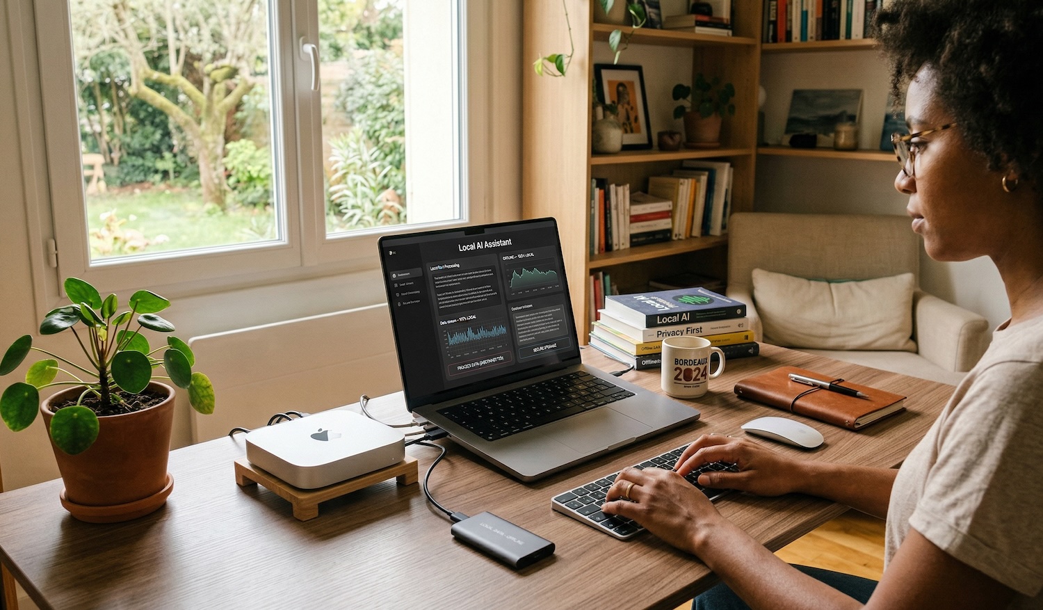 Mac running local AI models privately in a home office setup