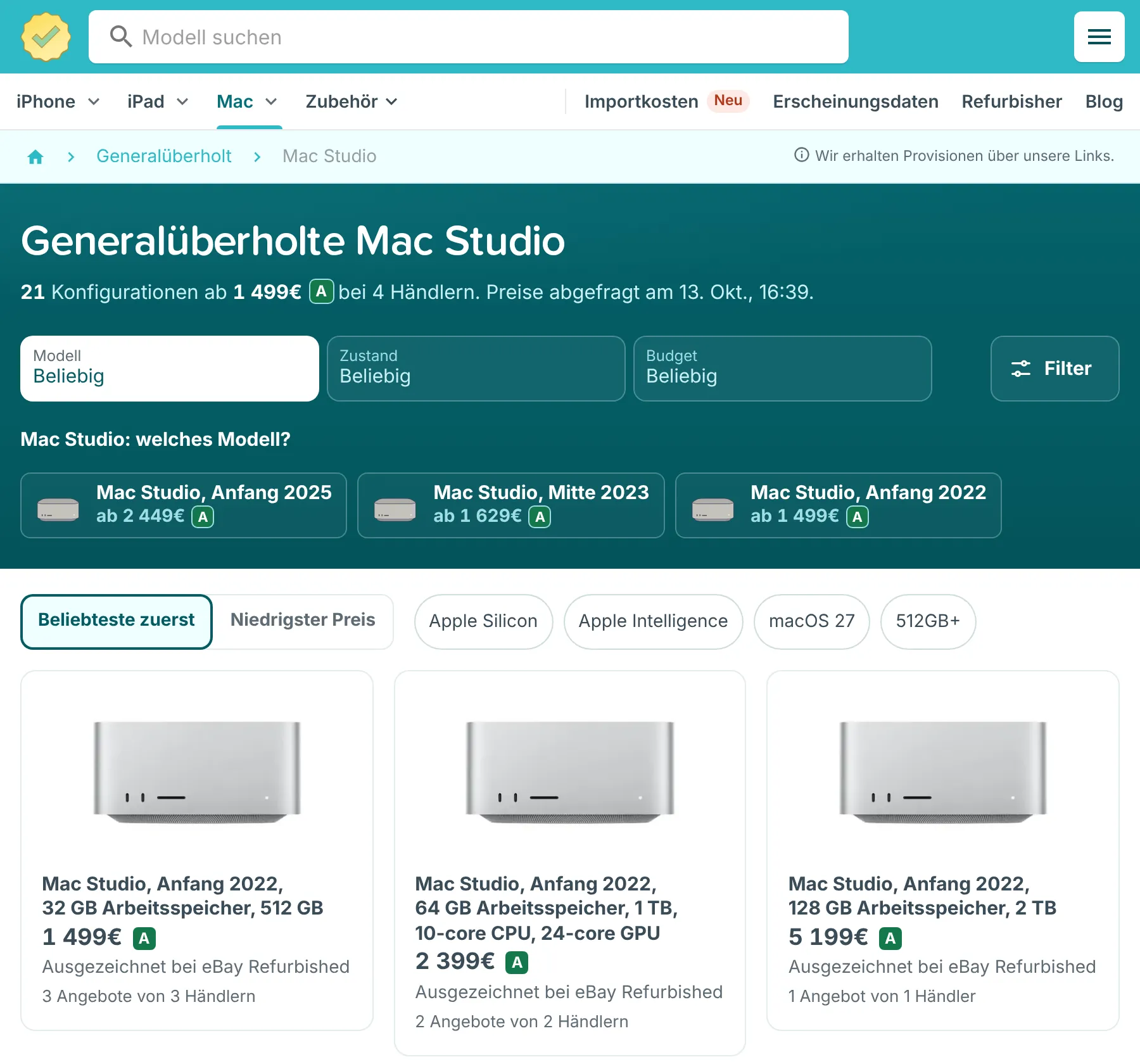 RefurbMe Vergleichsseite mit den ersten generalüberholten Mac-Studio-Konfigurationen, jeweils mit Zustand, Händler und Zahl der Angebote