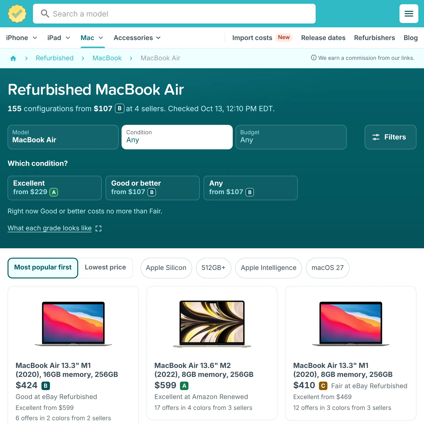 RefurbMe page for refurbished MacBook Air with Model, Condition and Budget filters and MacBook Air configurations from several sellers