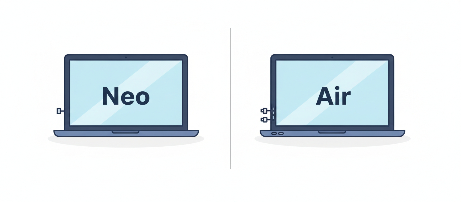 MacBook Neo and MacBook Air side by side showing the Neo's single port versus the Air's extra ports