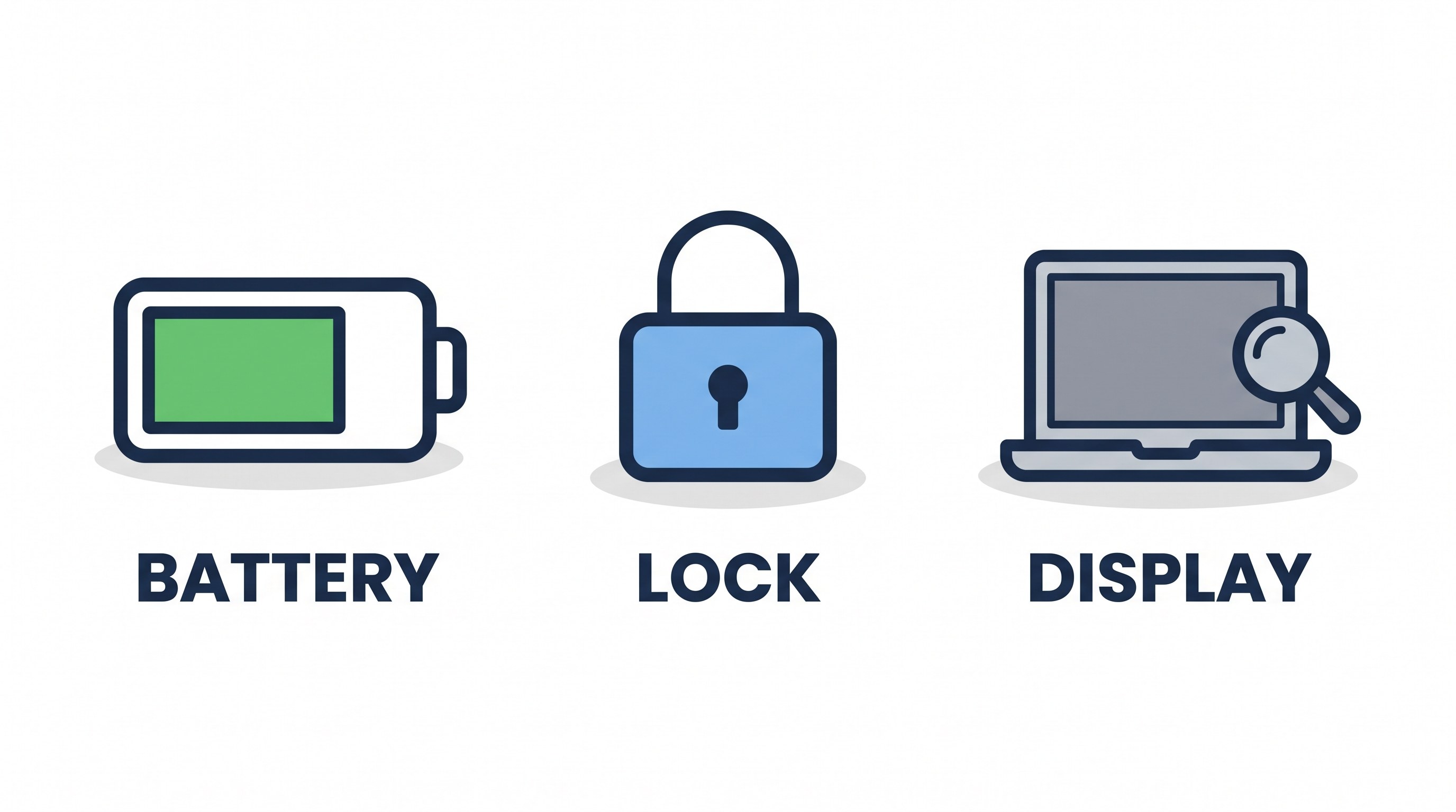 Three icons for battery, Activation Lock and display representing what to check before buying a used MacBook Pro