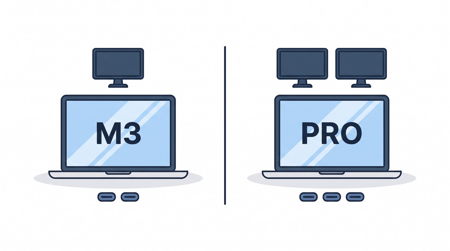 Diagram comparing the base MacBook Pro M3 with two ports and one external display against the M3 Pro with three ports and two external displays