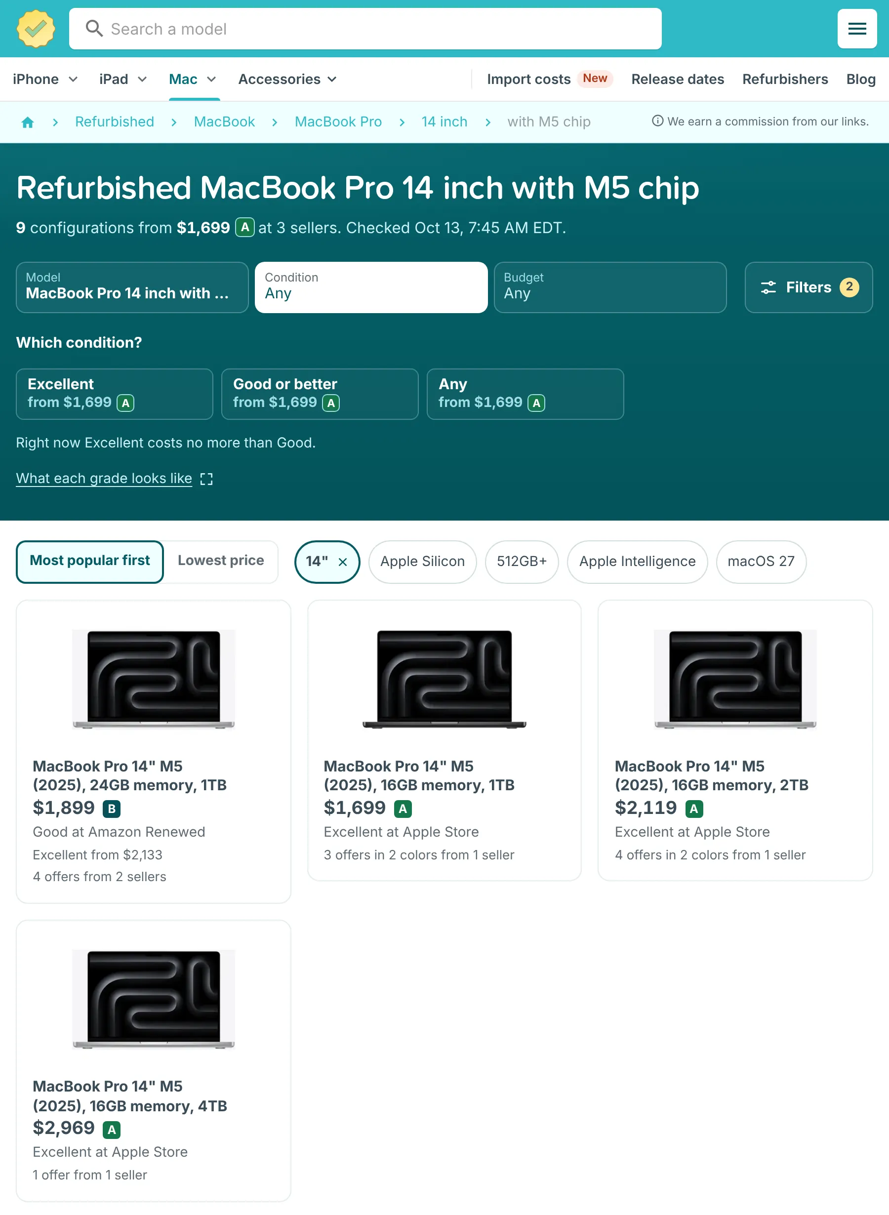 RefurbMe page for the refurbished 14 inch MacBook Pro with M5 chip, with condition choices and configurations from Amazon Renewed and Apple Store