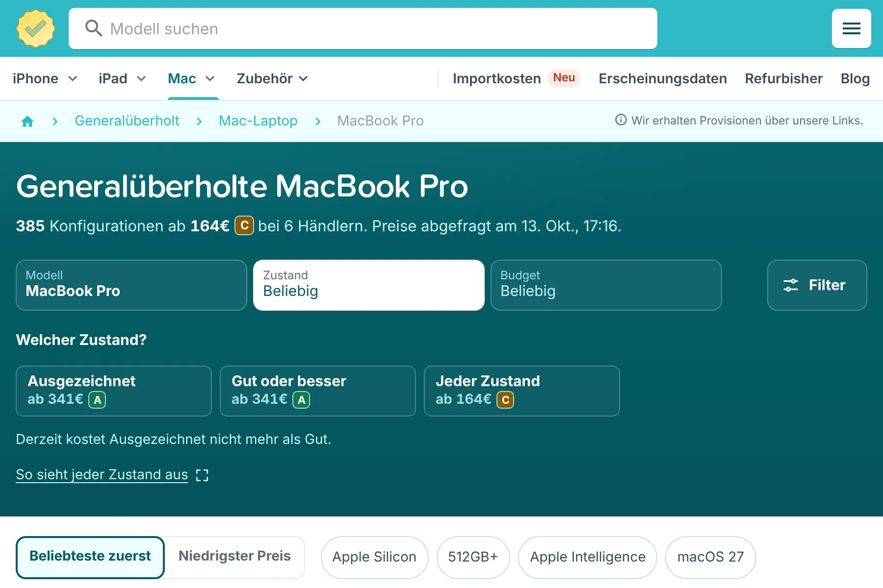 RefurbMe Vergleichsseite für generalüberholte MacBook Pro in Deutschland mit Auswahl nach Modell, Zustand und Budget, Filterknopf und Sortierung nach Beliebtheit oder Preis