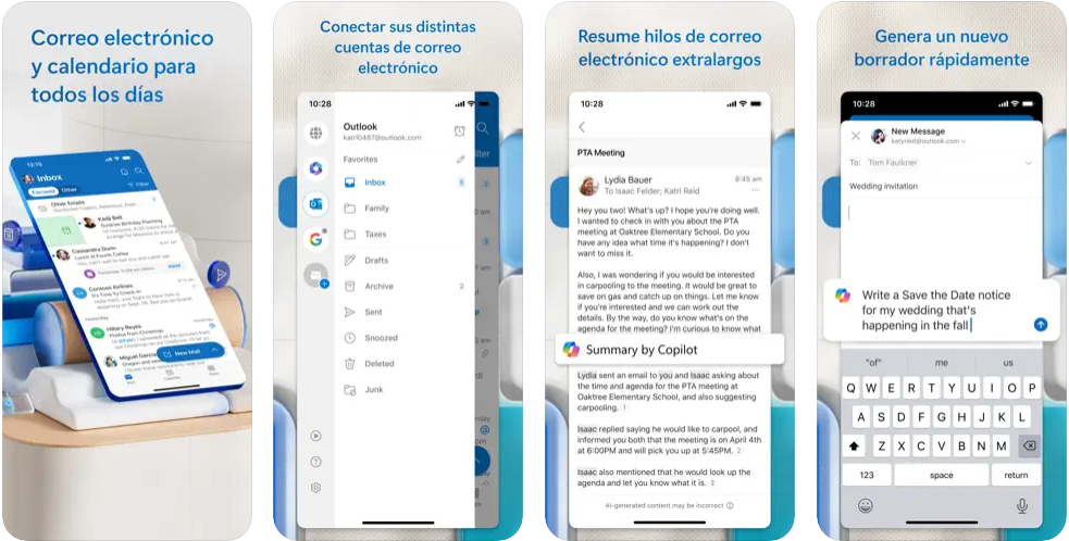 Capturas de pantalla de Microsoft Outlook en el iPhone