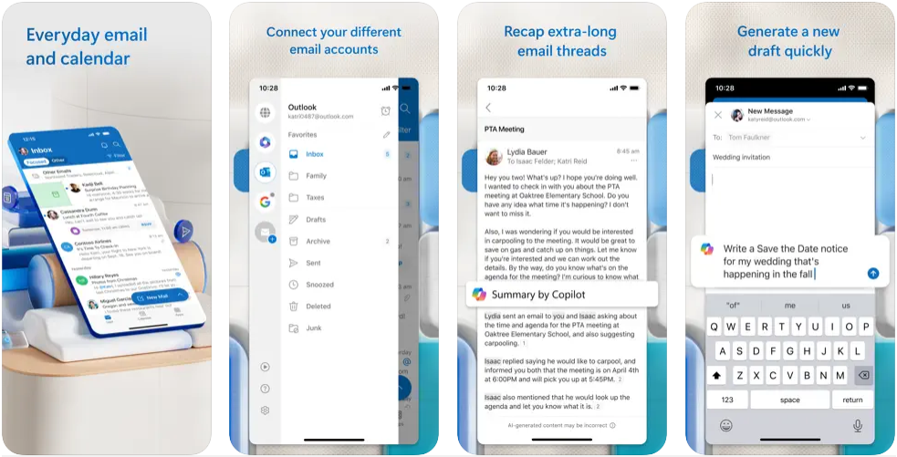 Microsoft Outlook app screenshots on the iPhone