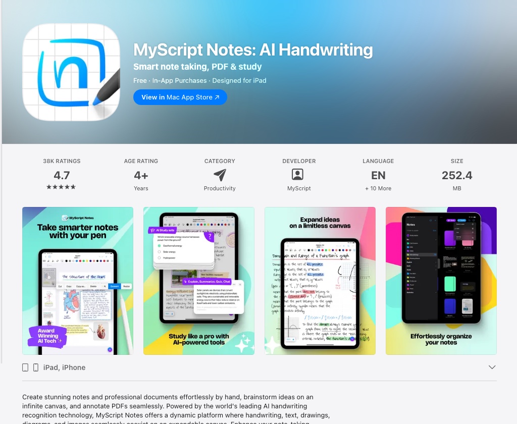 MyScript Notes App Store preview screenshots showing real-time handwriting conversion
