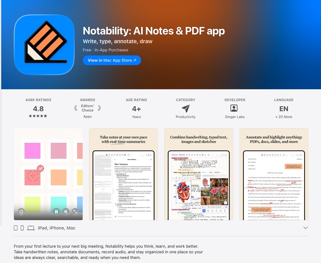Notability App Store preview screenshots showing smart notes and a 4.8 rating