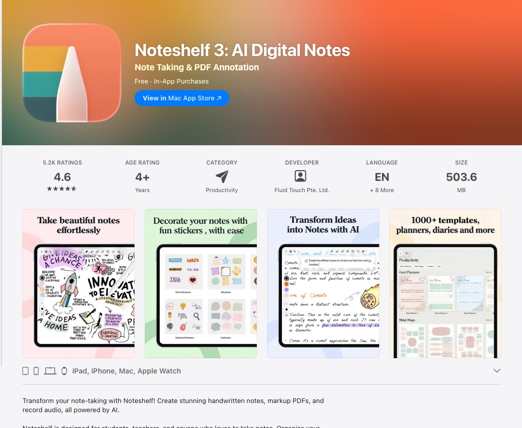 Noteshelf 3 App Store preview screenshots showing templates and stickers