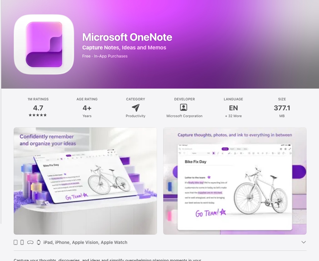 Microsoft OneNote App Store preview screenshots showing notes synced across devices