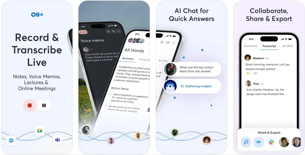 Capturas de pantalla de la app Otter para iPhone