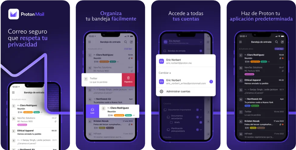 Capturas de pantalla de Proton Mail en el iPhone
