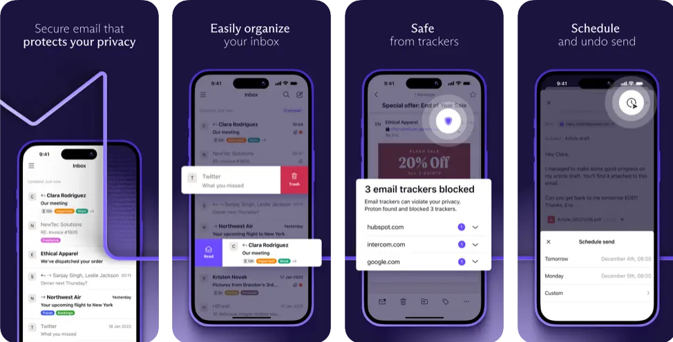 Proton Mail app screenshots on the iPhone