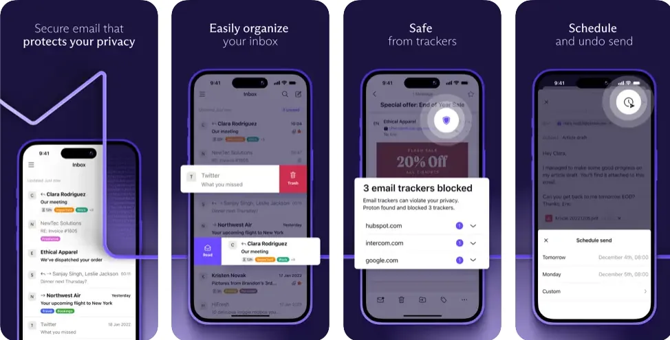Proton Mail app screenshots on the iPhone