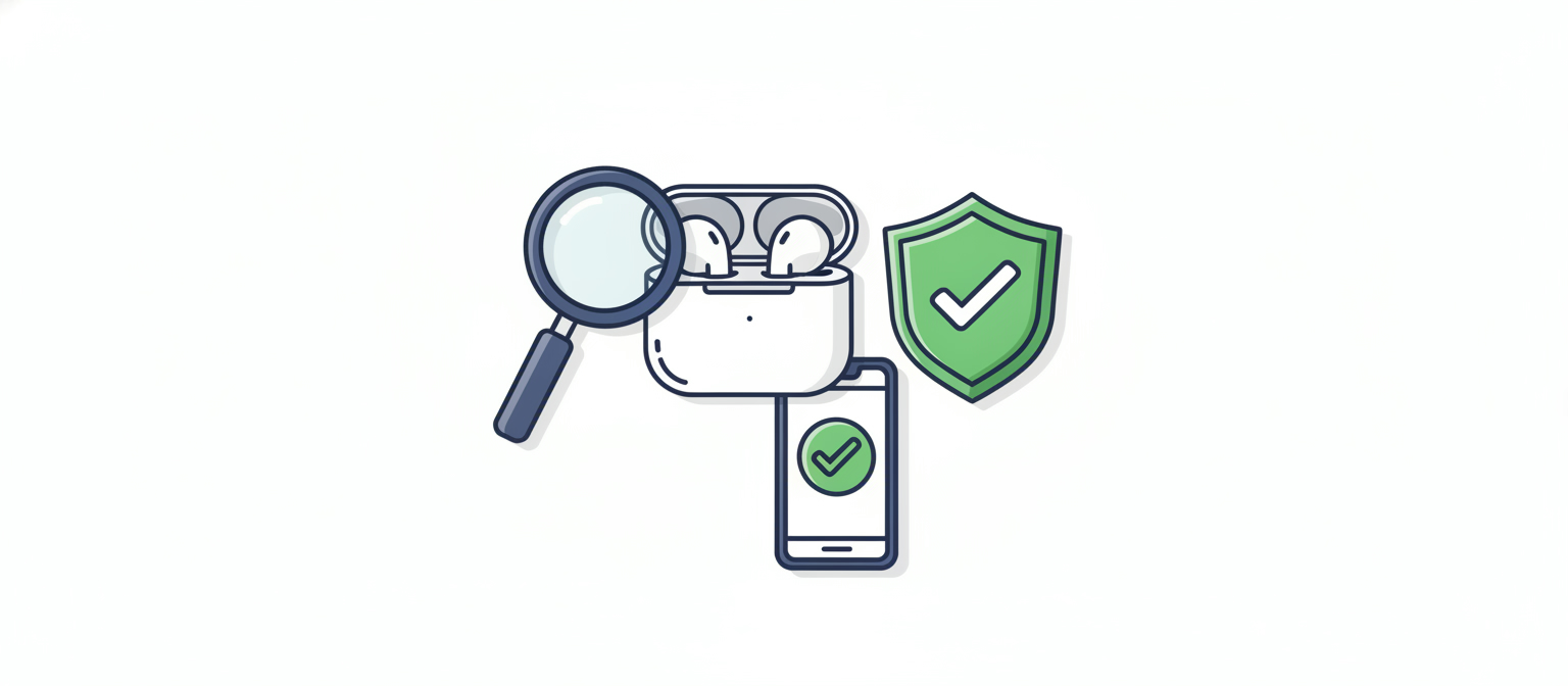 Magnifying glass inspecting a refurbished AirPods Pro case beside a green shield and a phone showing a verified serial check
