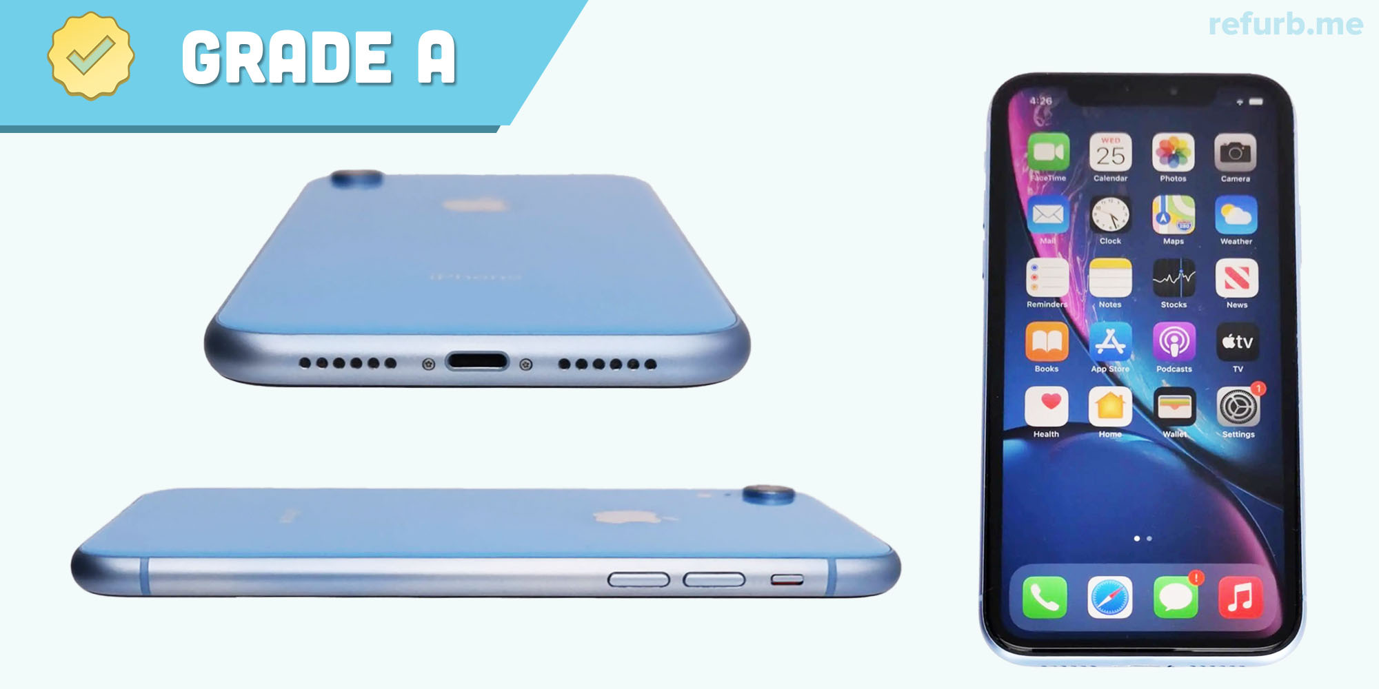 Refurbished blue iPhone showing front and side views with displayed home screen icons, labeled Grade A for condition.