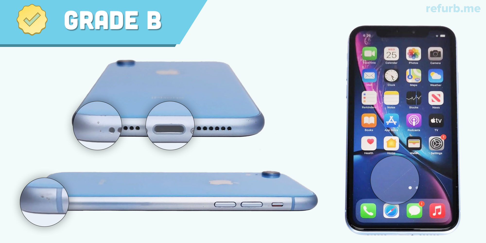 A refurbished iPhone with close-up details of ports and buttons with light signs of use, labeled grade B.