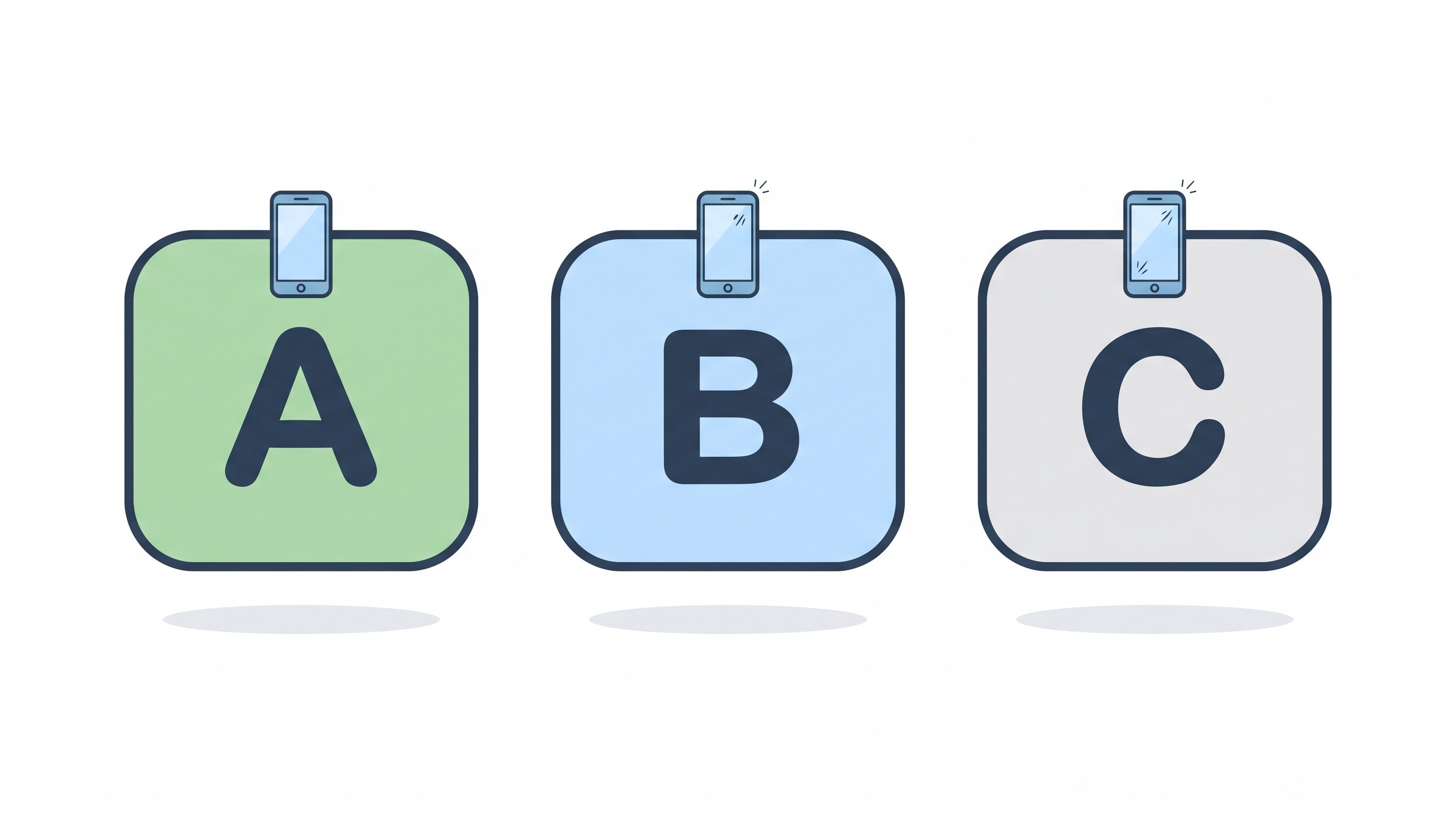 Refurbished grades A, B, and C shown as three badges with phones in decreasing cosmetic condition