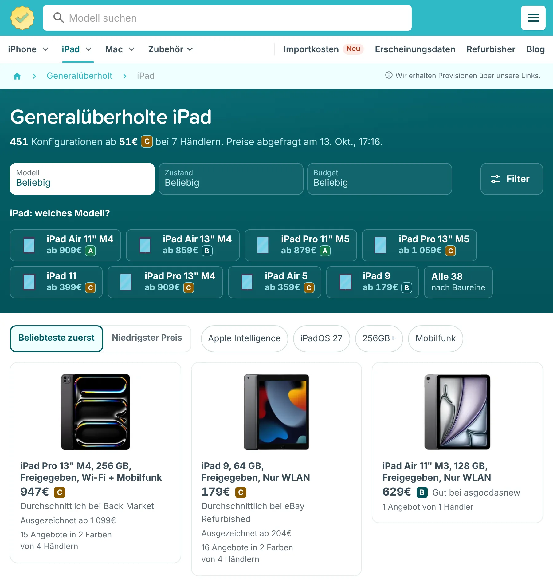 RefurbMe Vergleichsseite mit generalüberholten iPad-Konfigurationen, jeweils mit Zustand, Händler und Zahl der Angebote