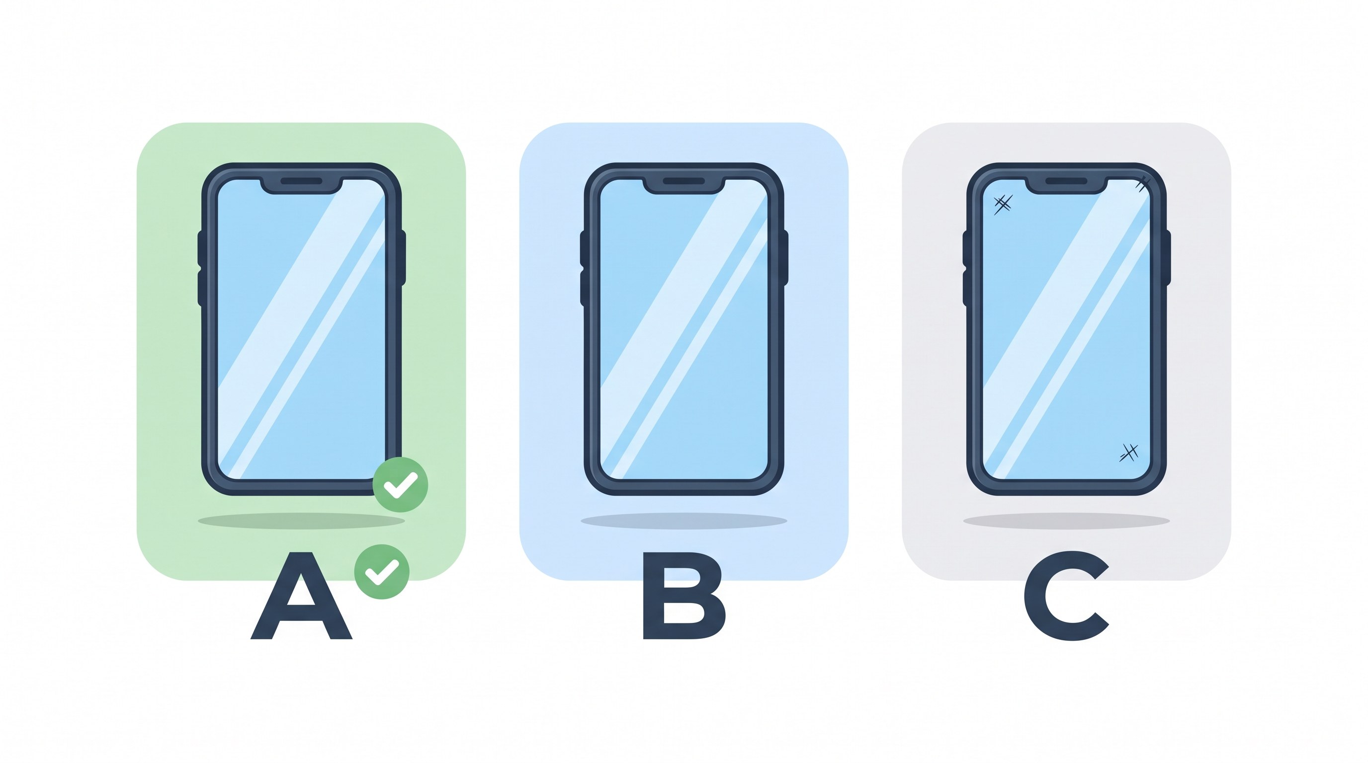 Refurbished iPhone condition grades A, B, and C shown side by side, from near-new to visible wear
