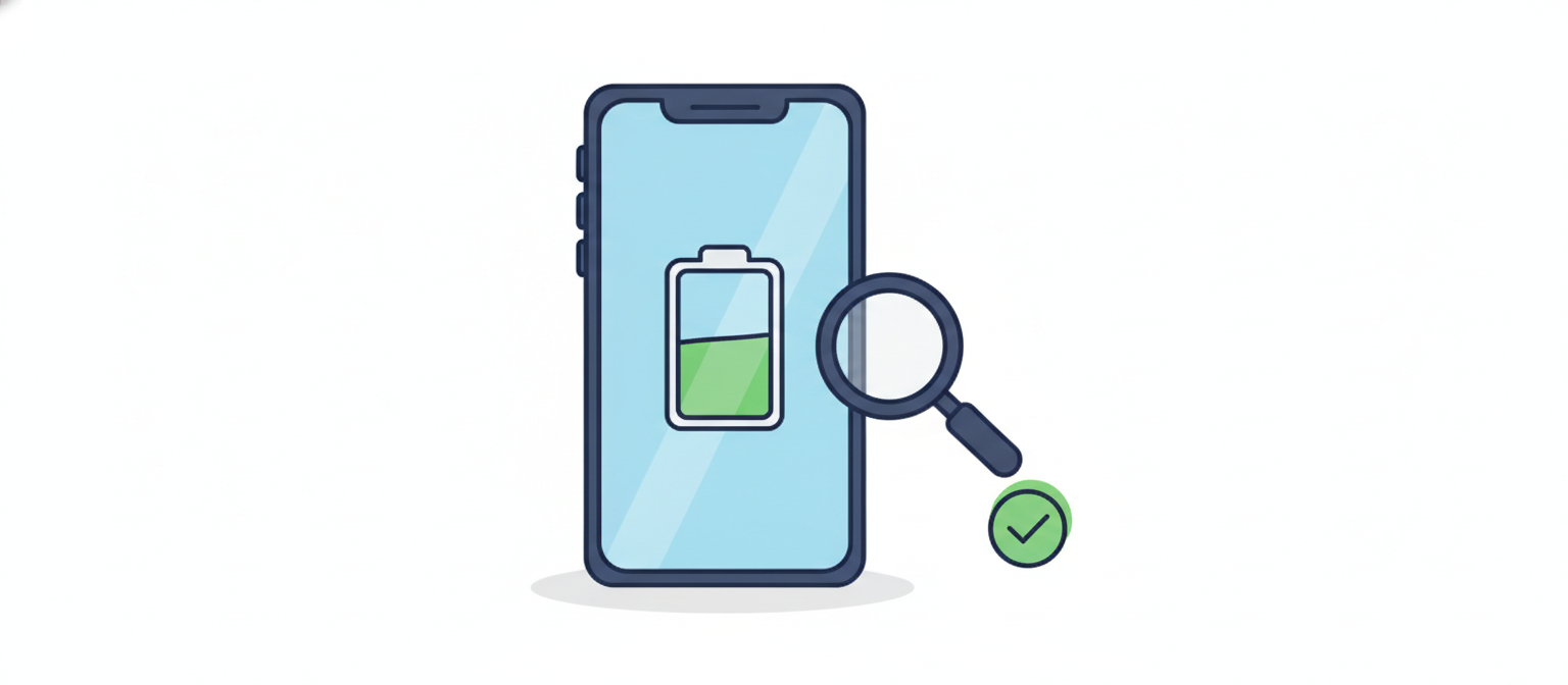 Refurbished iPhone 15 battery health check with a strong battery and inspection magnifier