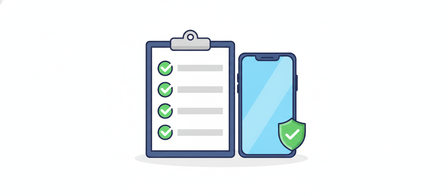 Refurbished iPhone 15 pre-purchase checklist with warranty shield badge