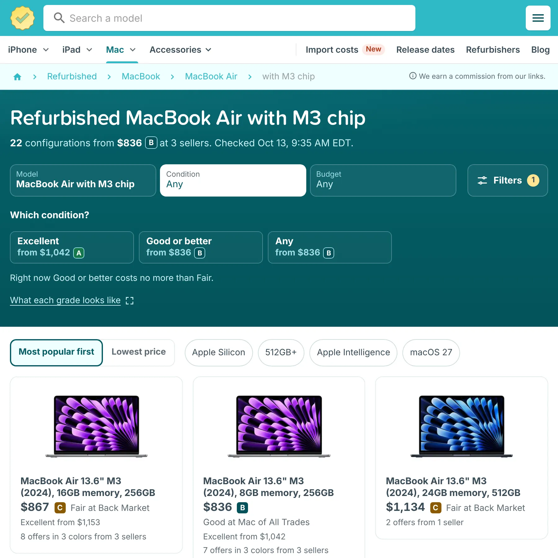 RefurbMe page for the refurbished MacBook Air with M3 chip, with Condition and Budget filters and MacBook Air configurations from several sellers