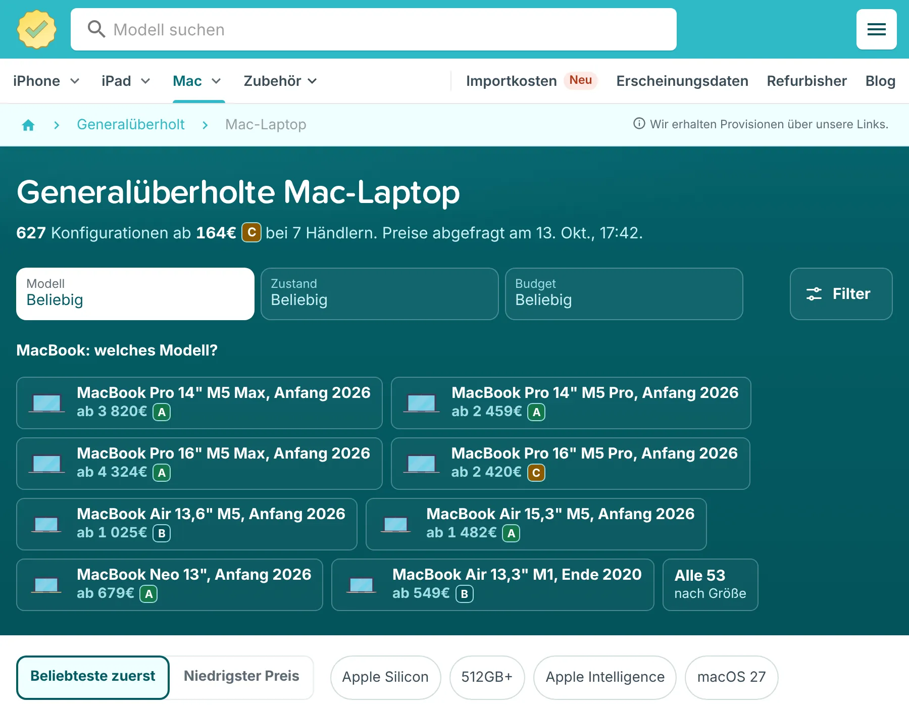 RefurbMe Vergleichsseite für generalüberholte Mac-Laptops im deutschen Markt mit Auswahl nach Modell, Zustand und Budget, Filterknopf und Modellkacheln