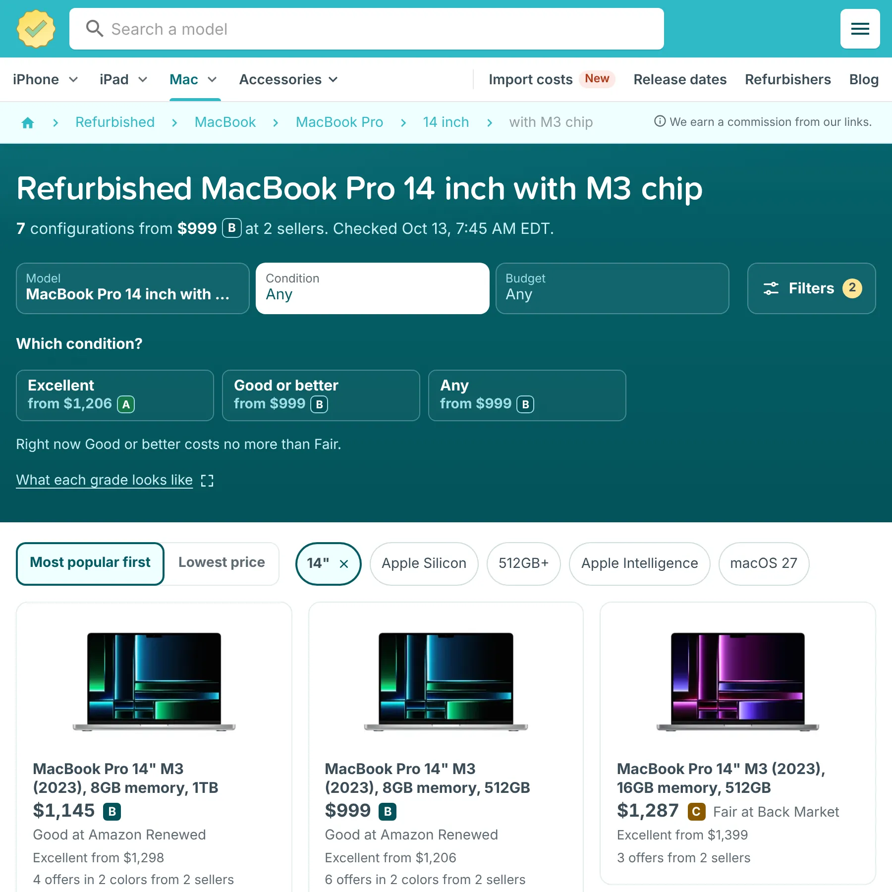 RefurbMe page for the refurbished 14 inch MacBook Pro with M3 chip, with Condition and Budget filters and configurations from Amazon Renewed and Back Market