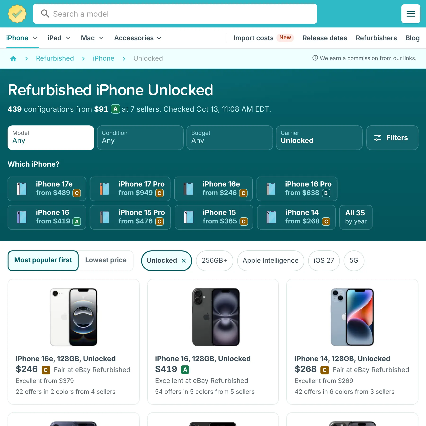 RefurbMe page for refurbished unlocked iPhones, with the Carrier filter set to Unlocked and configurations from Gazelle, eBay Refurbished and Amazon Renewed