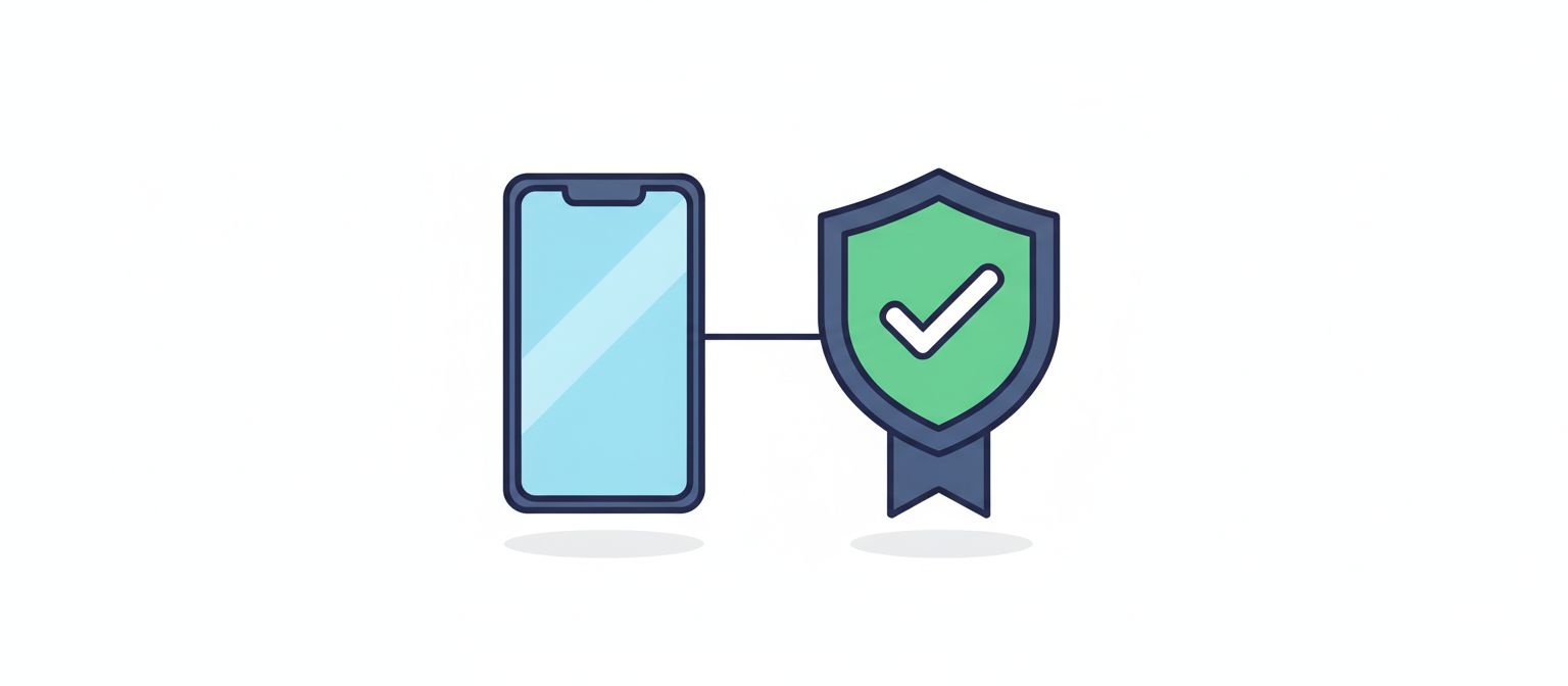 Illustration of a smartphone linked to an accredited certification shield with a green check