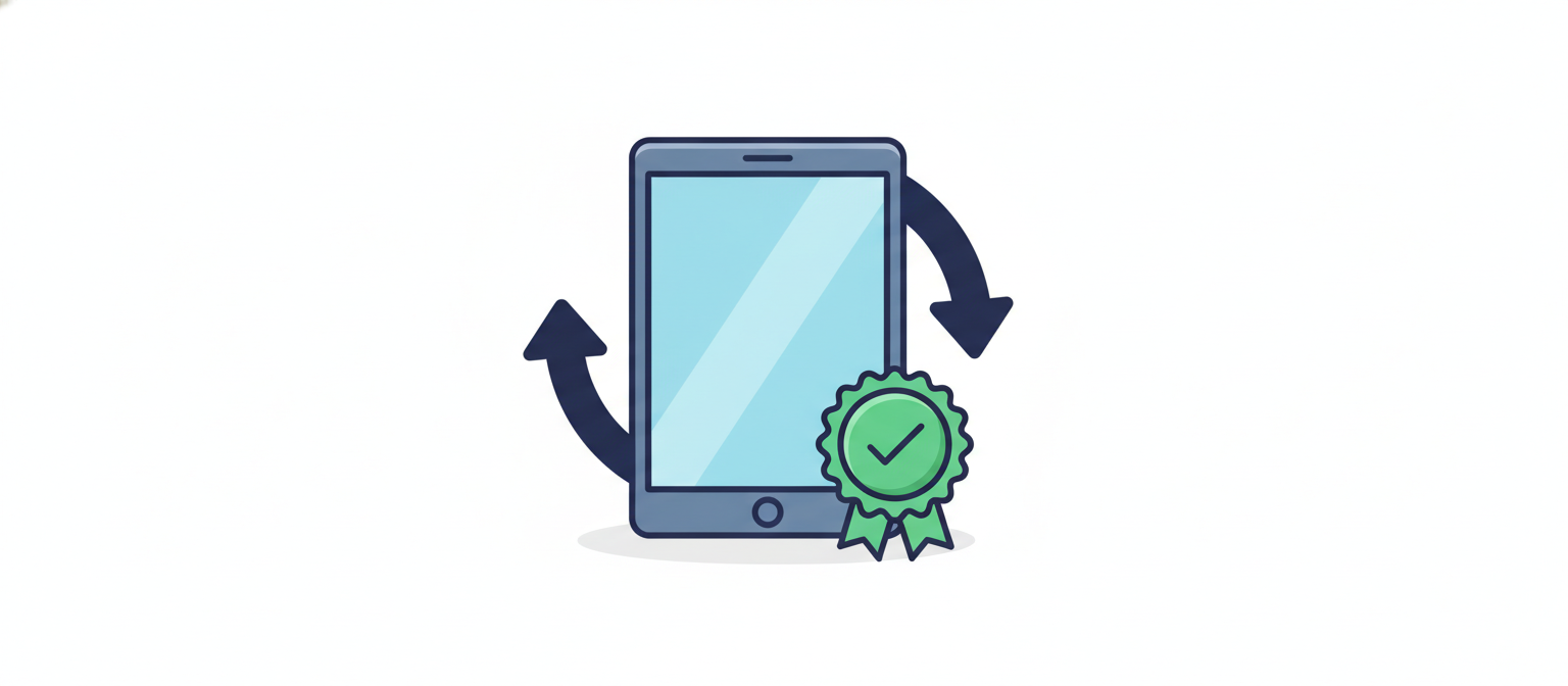 Illustration of a tablet being re-checked in a loop and certified again with a green seal