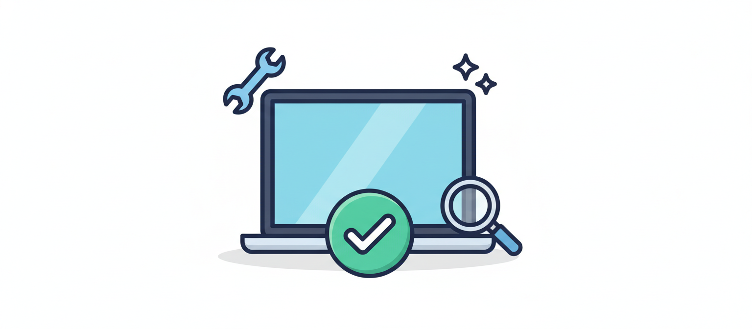 Illustration of a laptop being tested, repaired, and cleaned, then passing with a green check