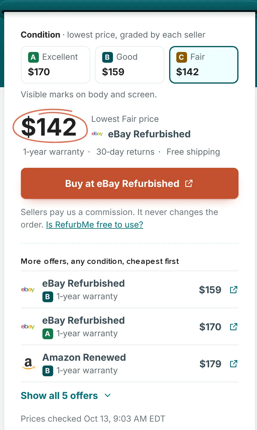 RefurbMe offer card for a refurbished iPad: a condition picker with Excellent, Good and Fair, the lowest price for the chosen condition, and a list of more offers from any condition, cheapest first