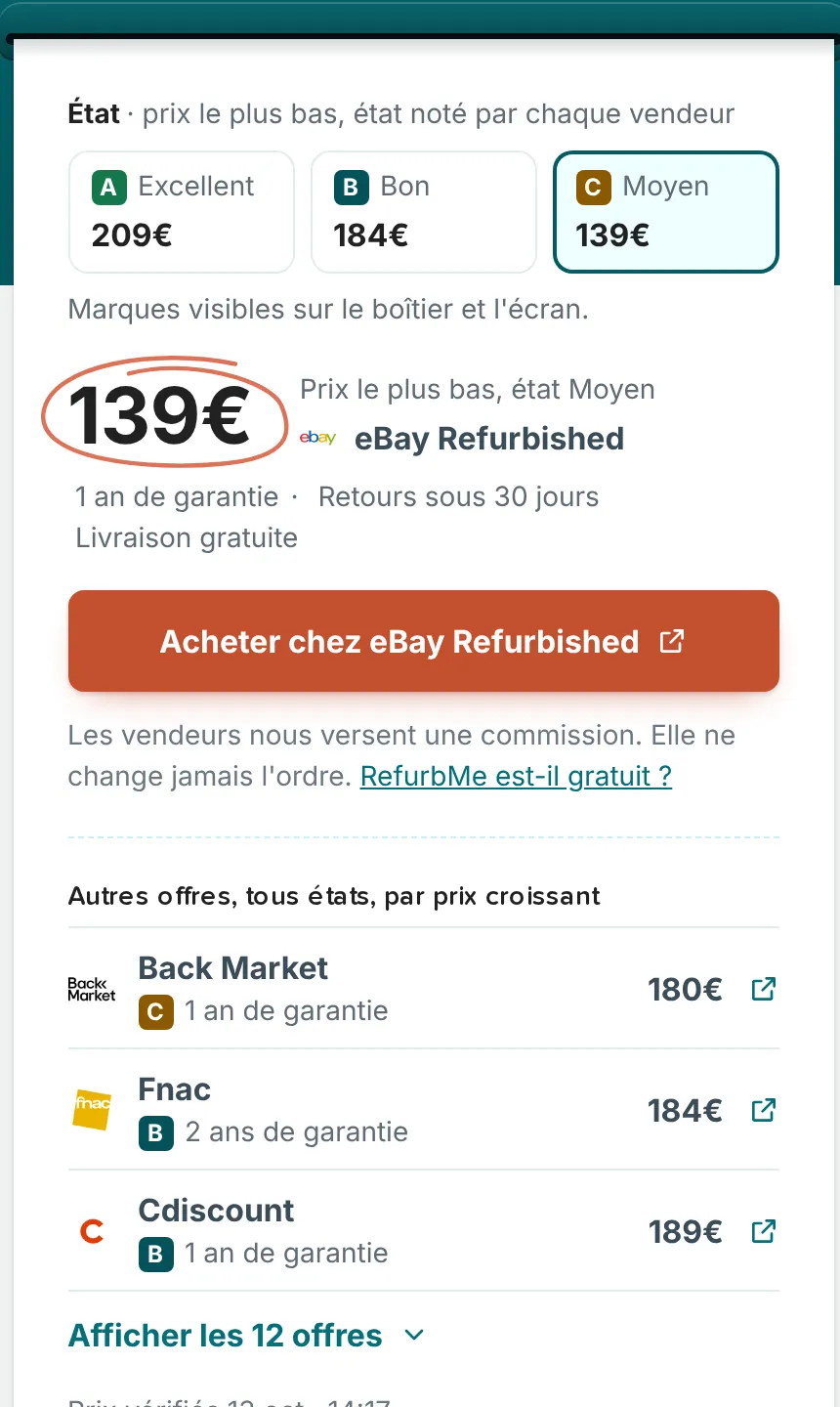 Fiche d'un iPad reconditionné sur RefurbMe : sélecteur d'état Excellent, Bon et Moyen, prix le plus bas pour l'état choisi et liste des autres offres, tous états, par prix croissant