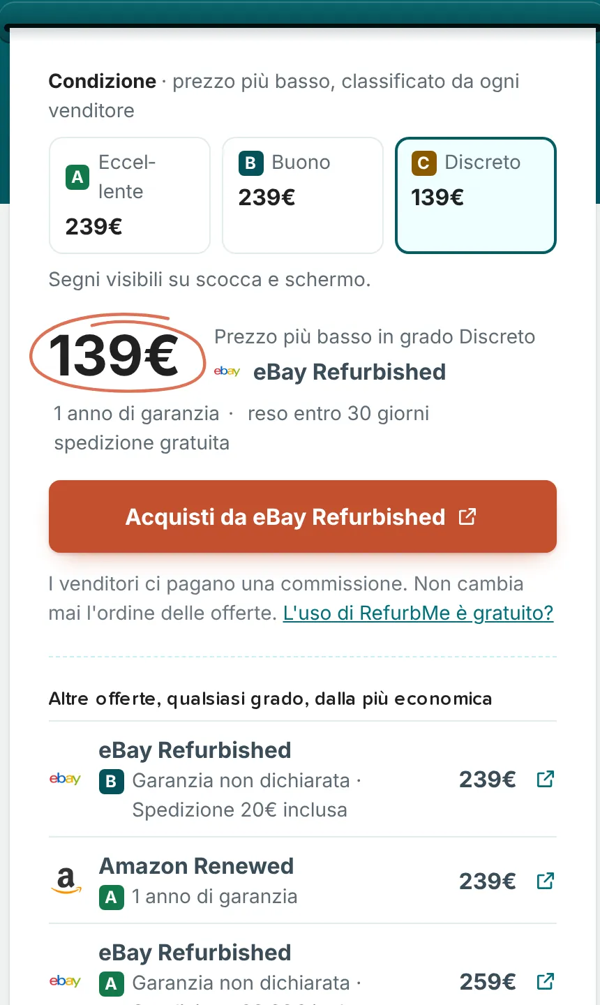 Scheda di un iPad ricondizionato su RefurbMe: selettore della condizione con Eccellente, Buono e Discreto, prezzo più basso per la condizione scelta e altre offerte di qualsiasi grado, dalla più economica