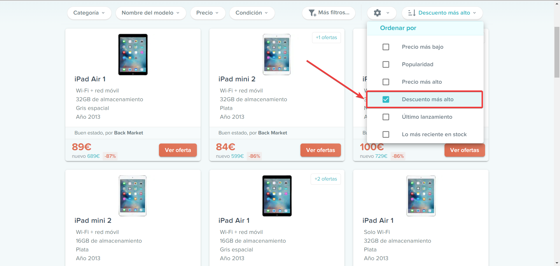Ordenar iPads por el descuento más alto en RefurbMe