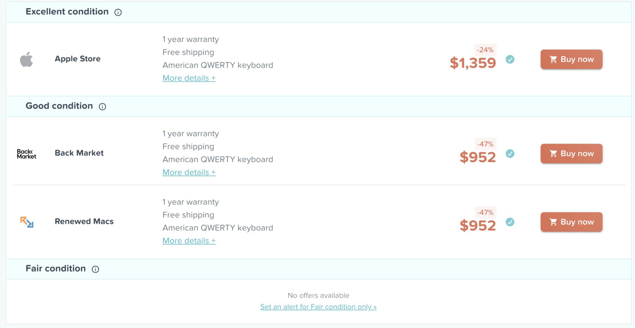 Comparison of MacBook Pro offers from Apple Store and two other vendors on RefurbMe. Prices are $1,359, $952, and $952 with varying conditions, warranties, and refurbished grade options.