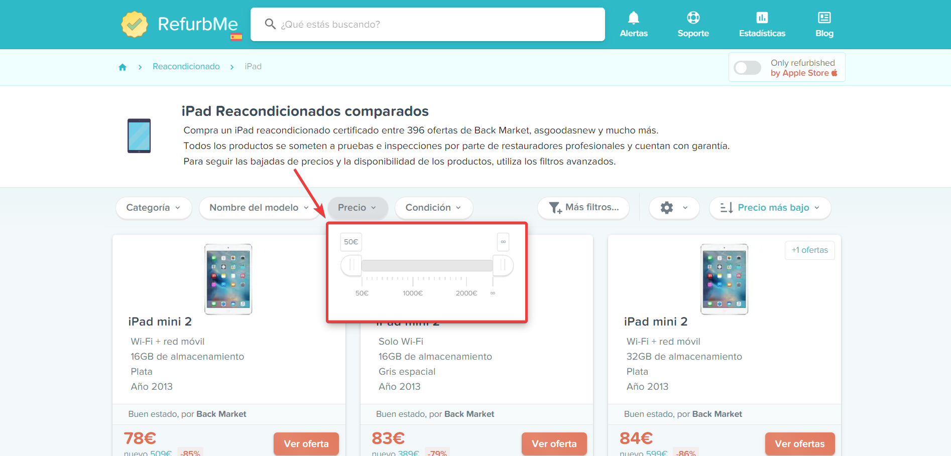 Configuración del rango de precios en RefurbMe