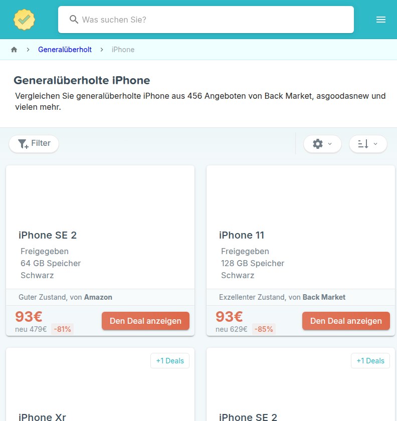 RefurbMe Vergleichsseite für generalüberholte iPhones in Deutschland mit Angeboten von Back Market und weiteren Anbietern