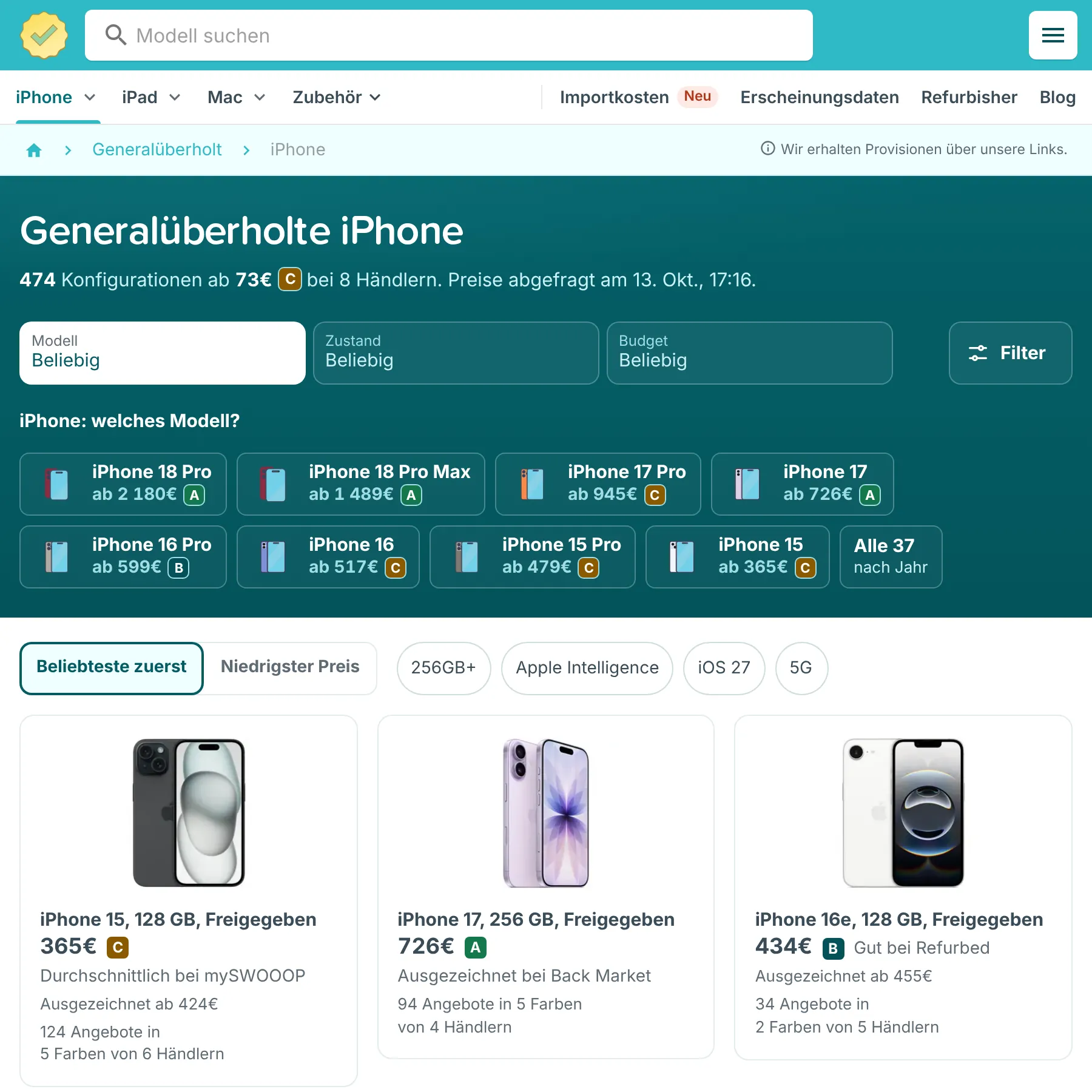RefurbMe-Seite für refurbished iPhones mit den Filtern Modell, Zustand und Budget, Modell-Kurzwahlen und Angeboten mehrerer Anbieter